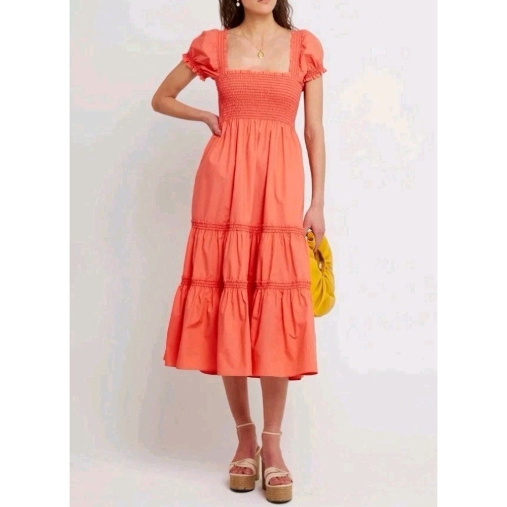 OPT Dress Square Neck‎ Smocked Midi Womens Small Pink Milkmaid Cottage Tiered